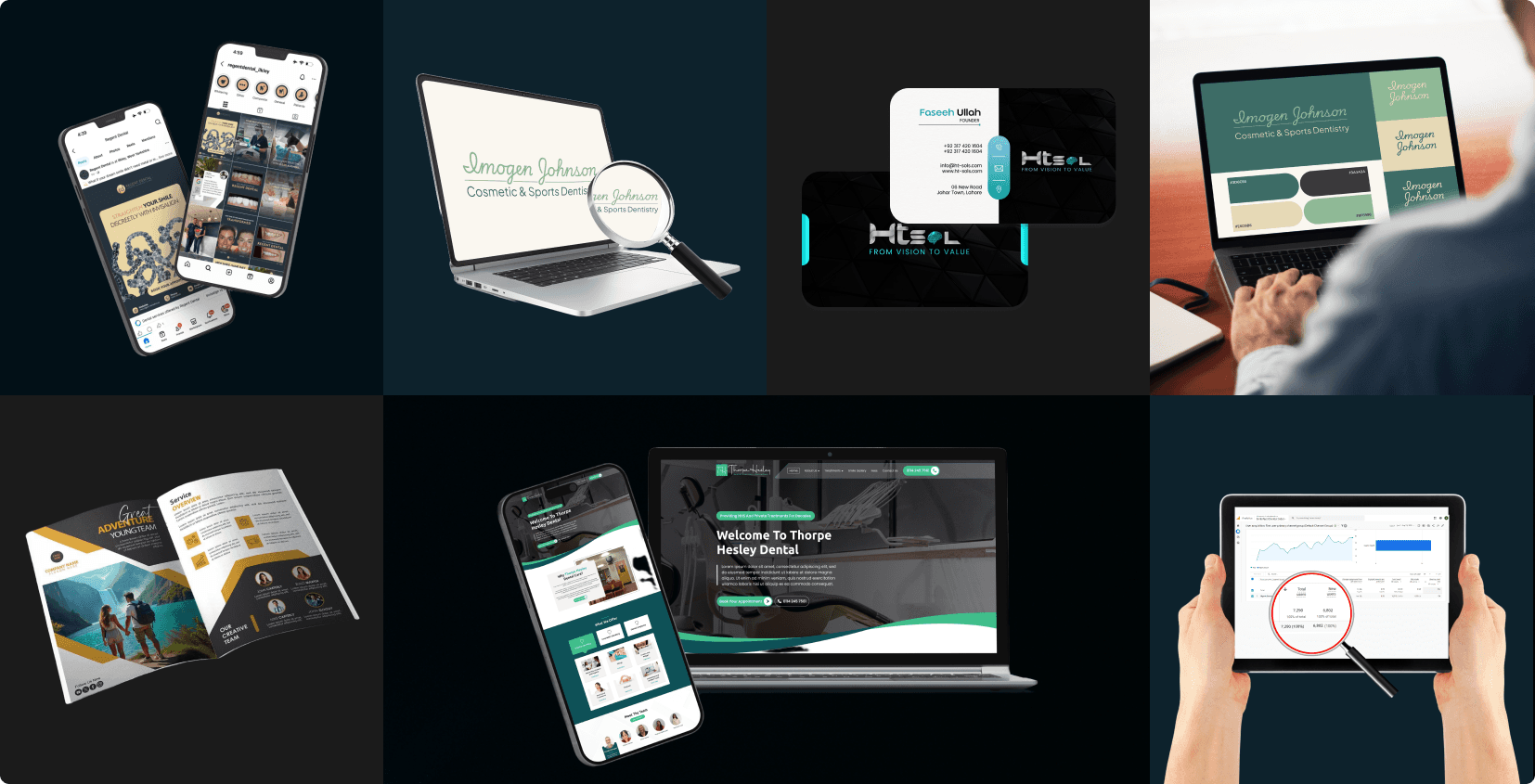 Branding work across social, website, stationery, print, and analytics touchpoints